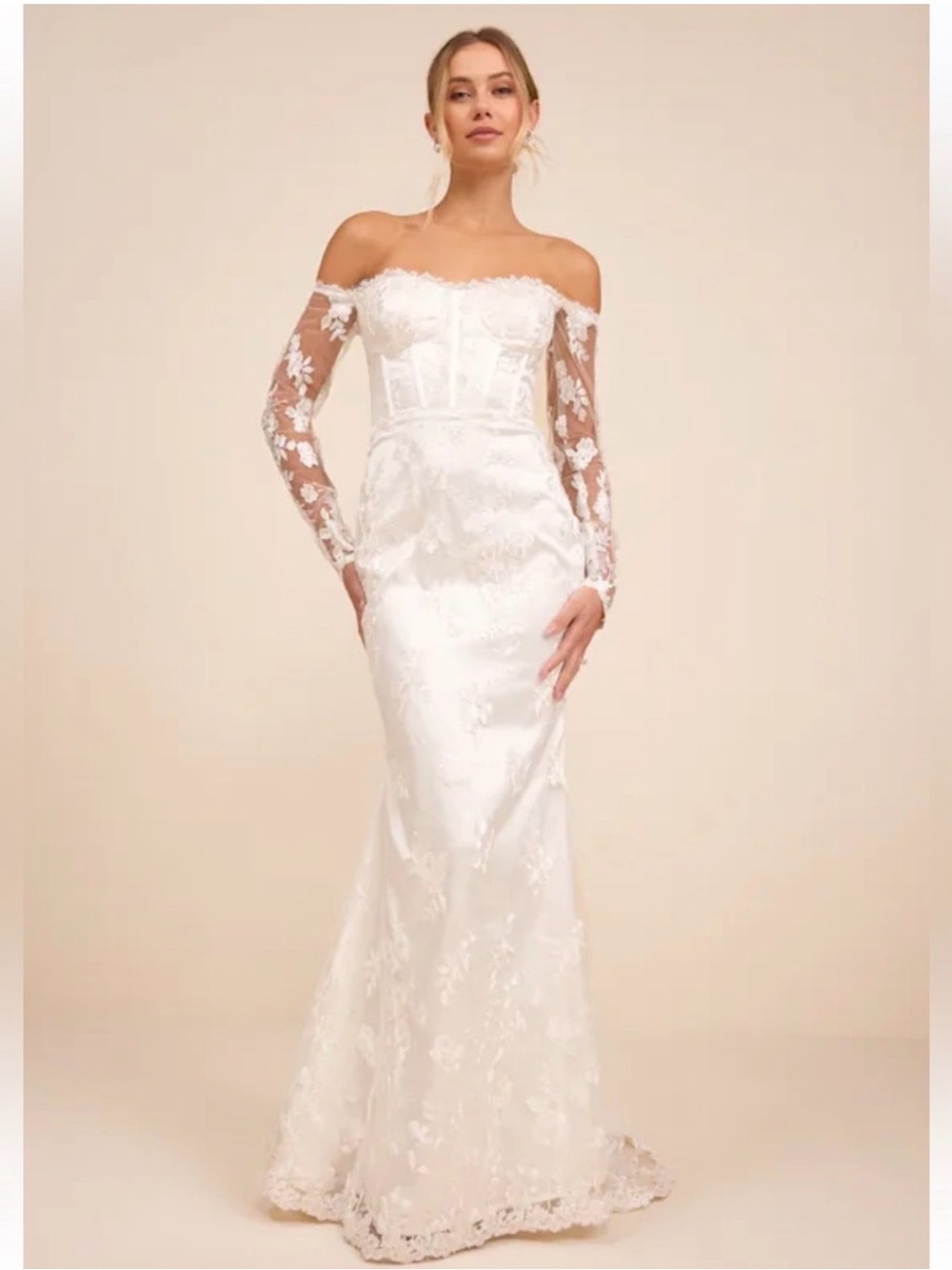 Off-the-Shoulder Lace Wedding Gown with Long Sleeves with mini train